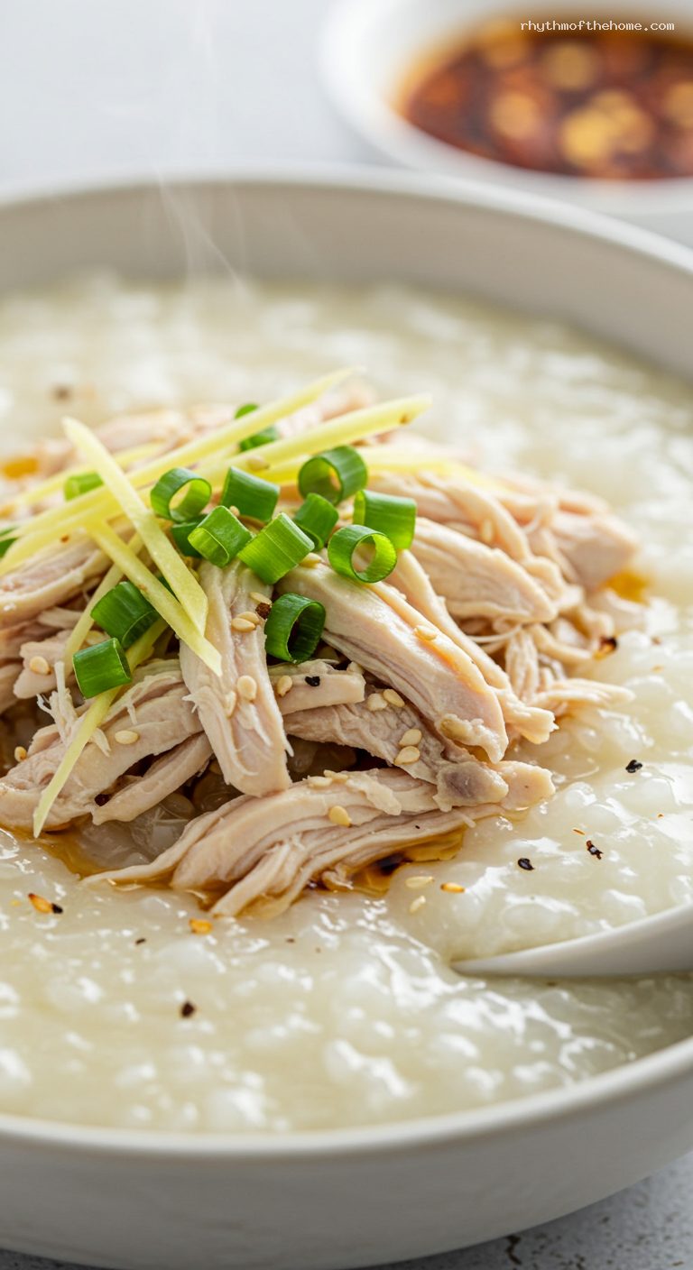 Ginger-Scallion Chicken Congee with Chili Crisp – Closeup