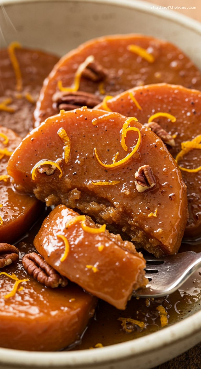 Glazed Candied Yams with Cinnamon and Orange Zest – Closeup