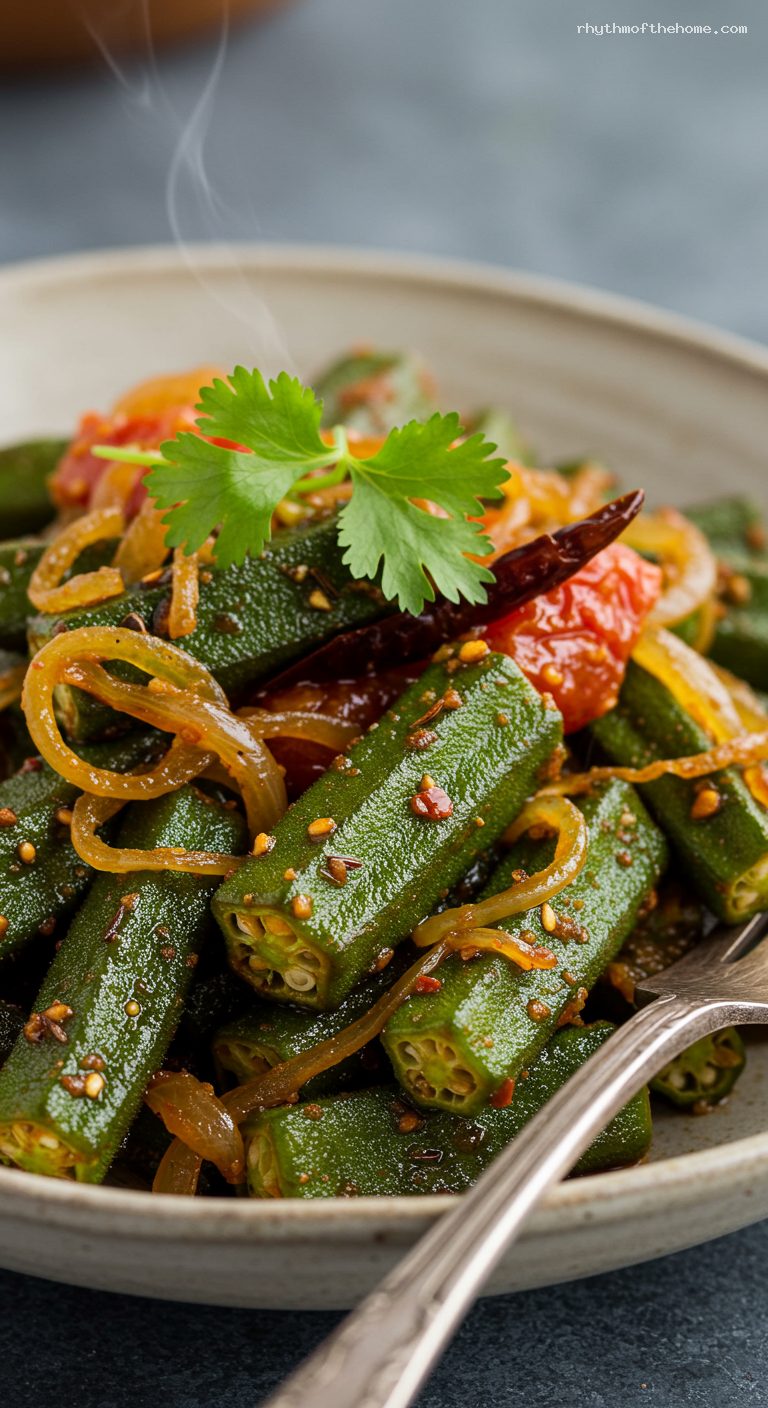 Glossy Bhindi Masala with Onions and Tomatoes – Closeup