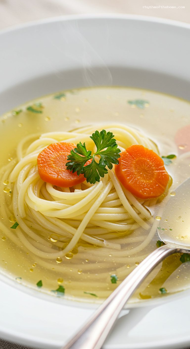 Golden Polish Chicken Broth with Noodles – Closeup