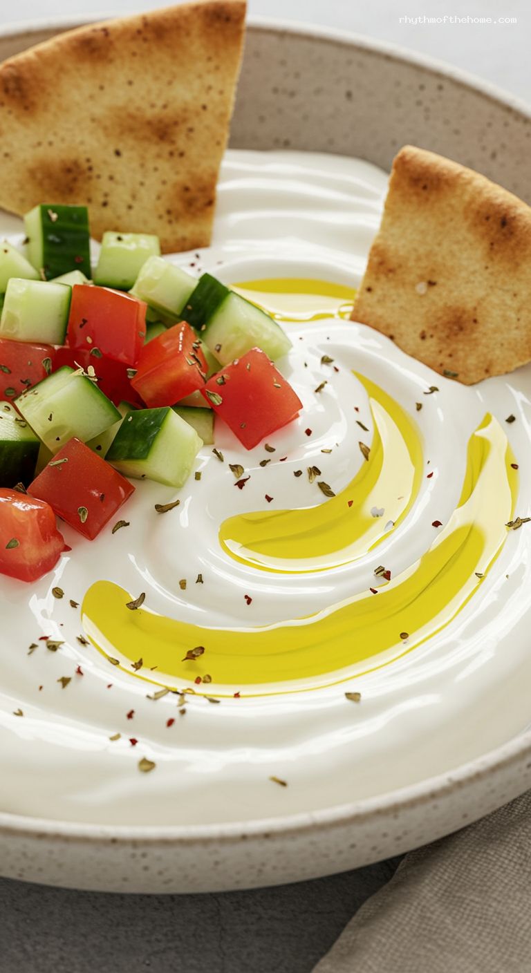 Greek Yogurt Snack Bowl with Lemon, Garlic, and Pita Chips – Closeup