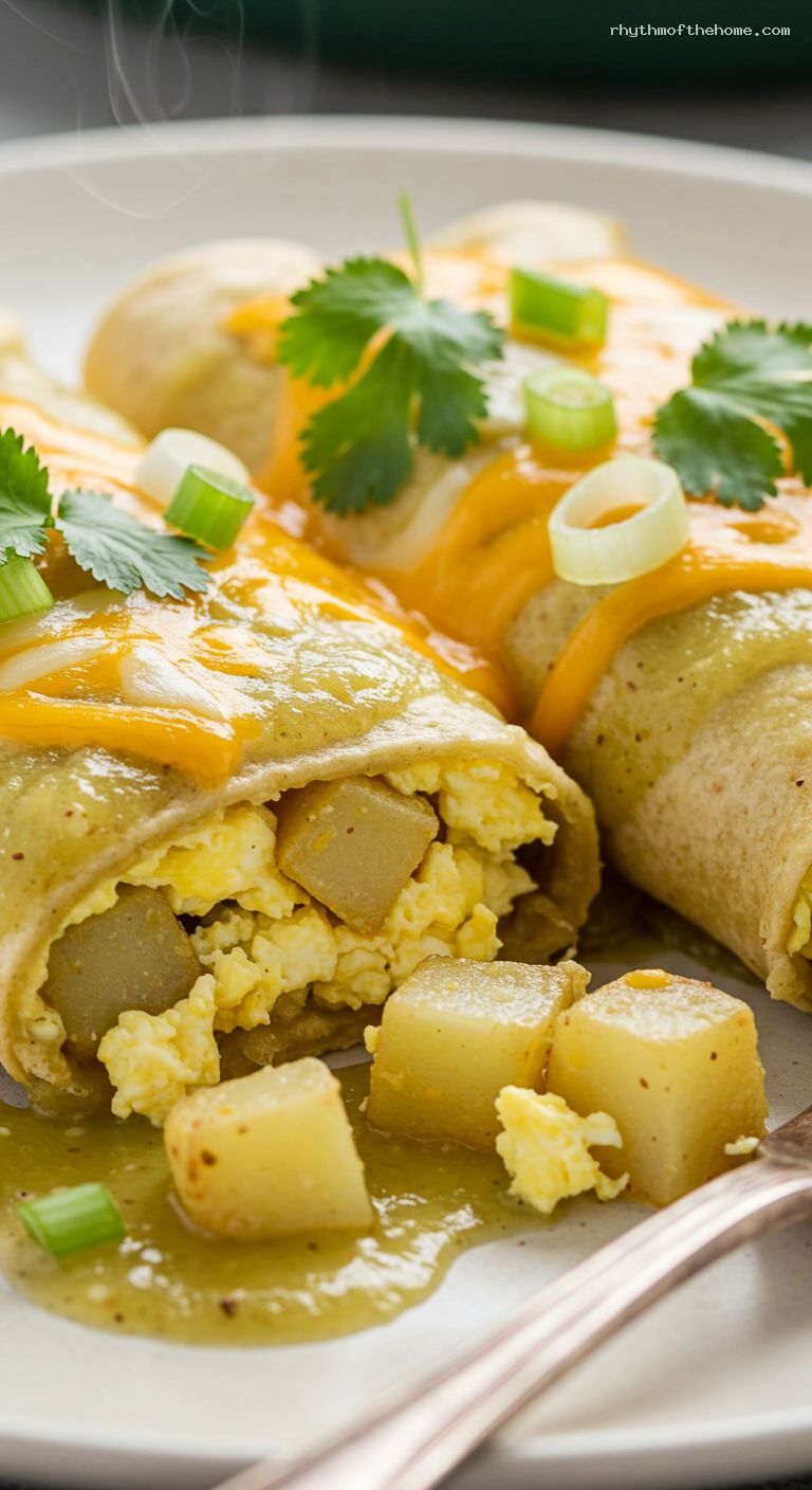 Green Chile Breakfast Enchiladas with Eggs and Potatoes – Closeup