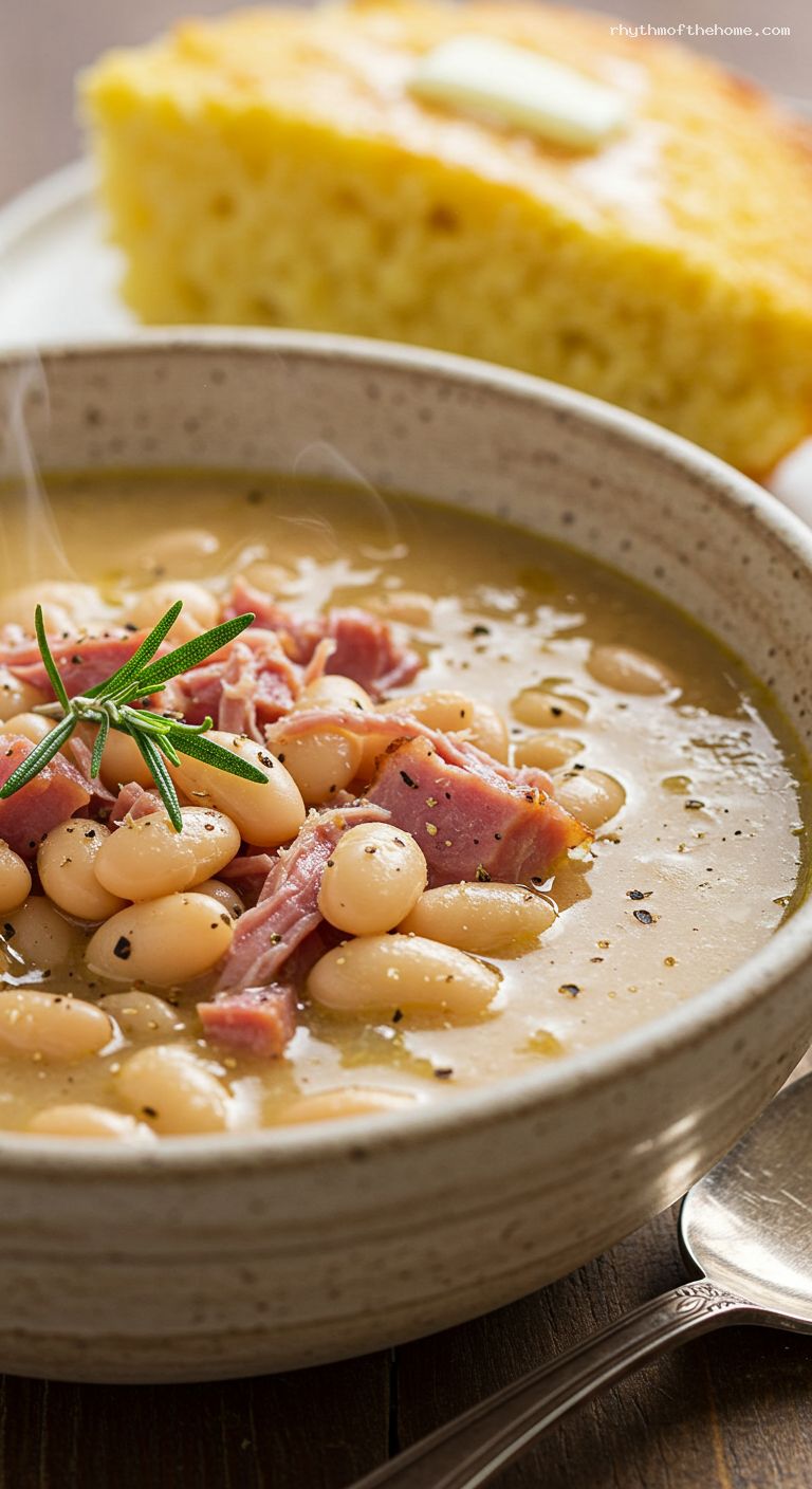 Ham and White Bean Soup with Rosemary and Bay – Closeup