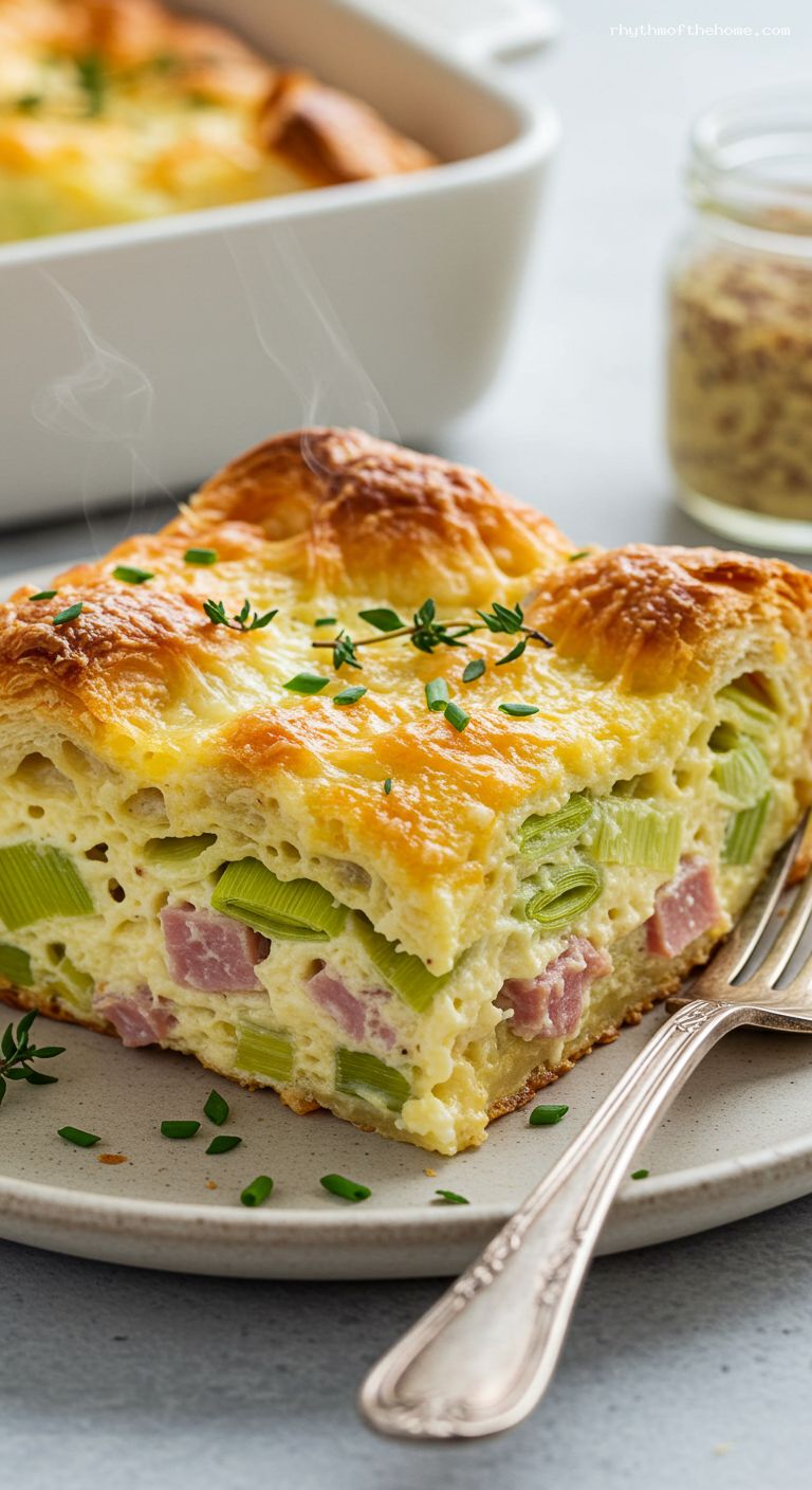 Ham, Leek, and Gruyère Croissant Bake – Closeup