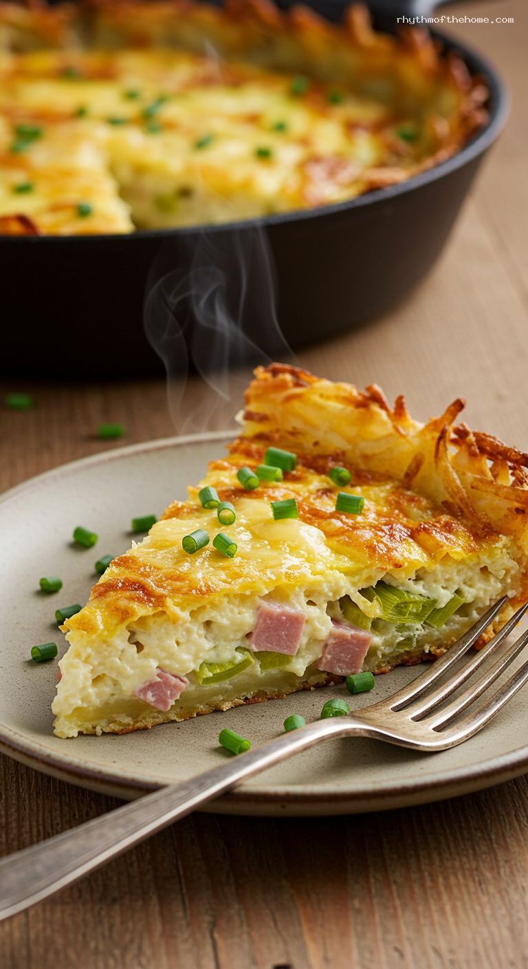 Ham, Swiss, and Leek Quiche with Hash Brown Crust – Closeup