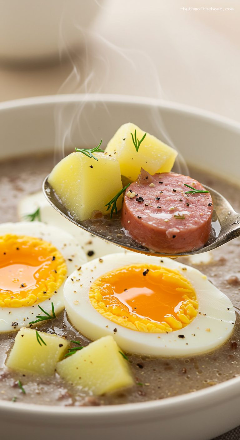 Hearty Żurek: Polish Sour Rye Soup with Sausage and Egg – Closeup