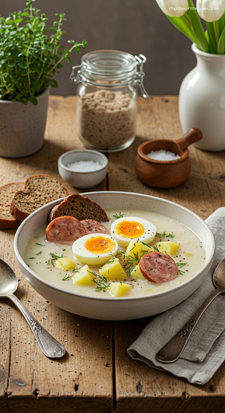 Hearty Żurek: Polish Sour Rye Soup with Sausage and Egg
