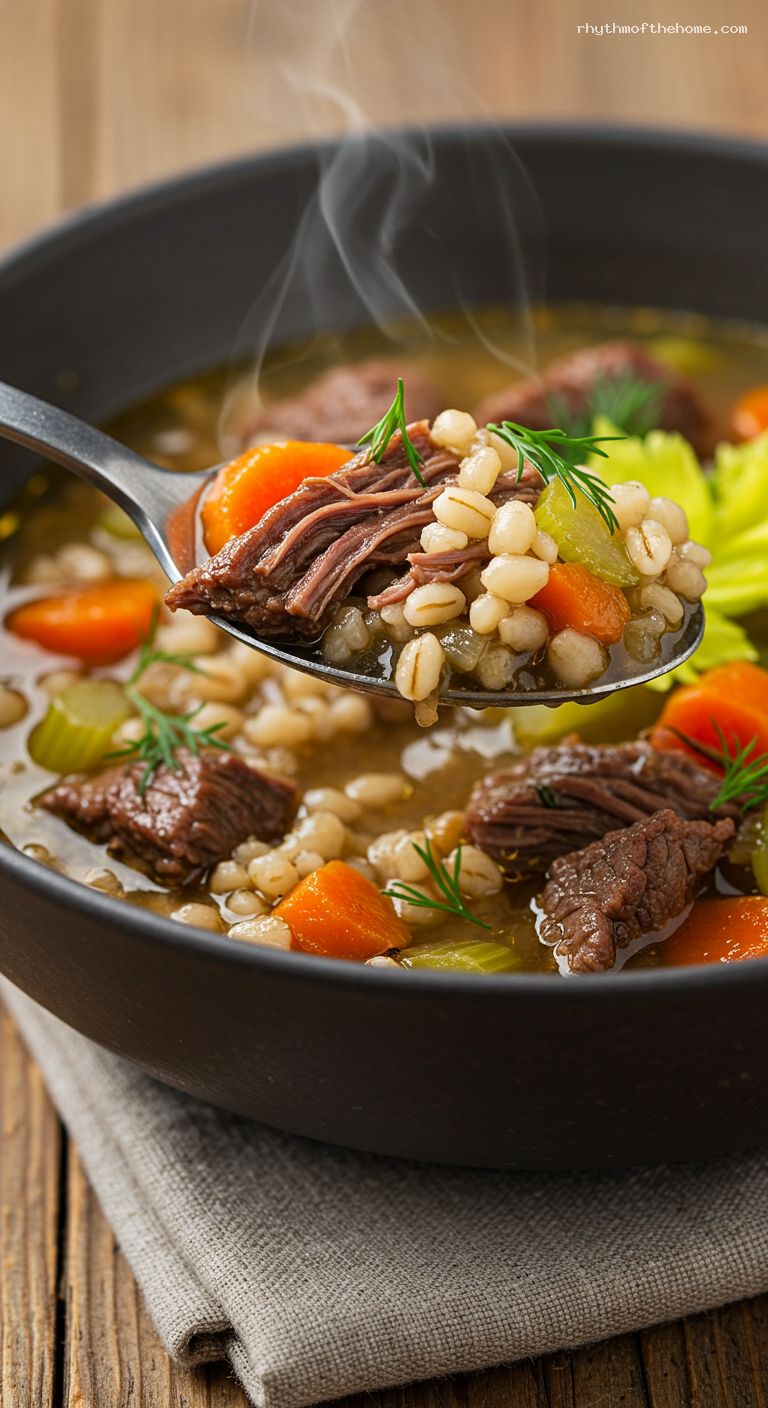 Hearty Beef and Barley Soup with Miso and Dill – Closeup