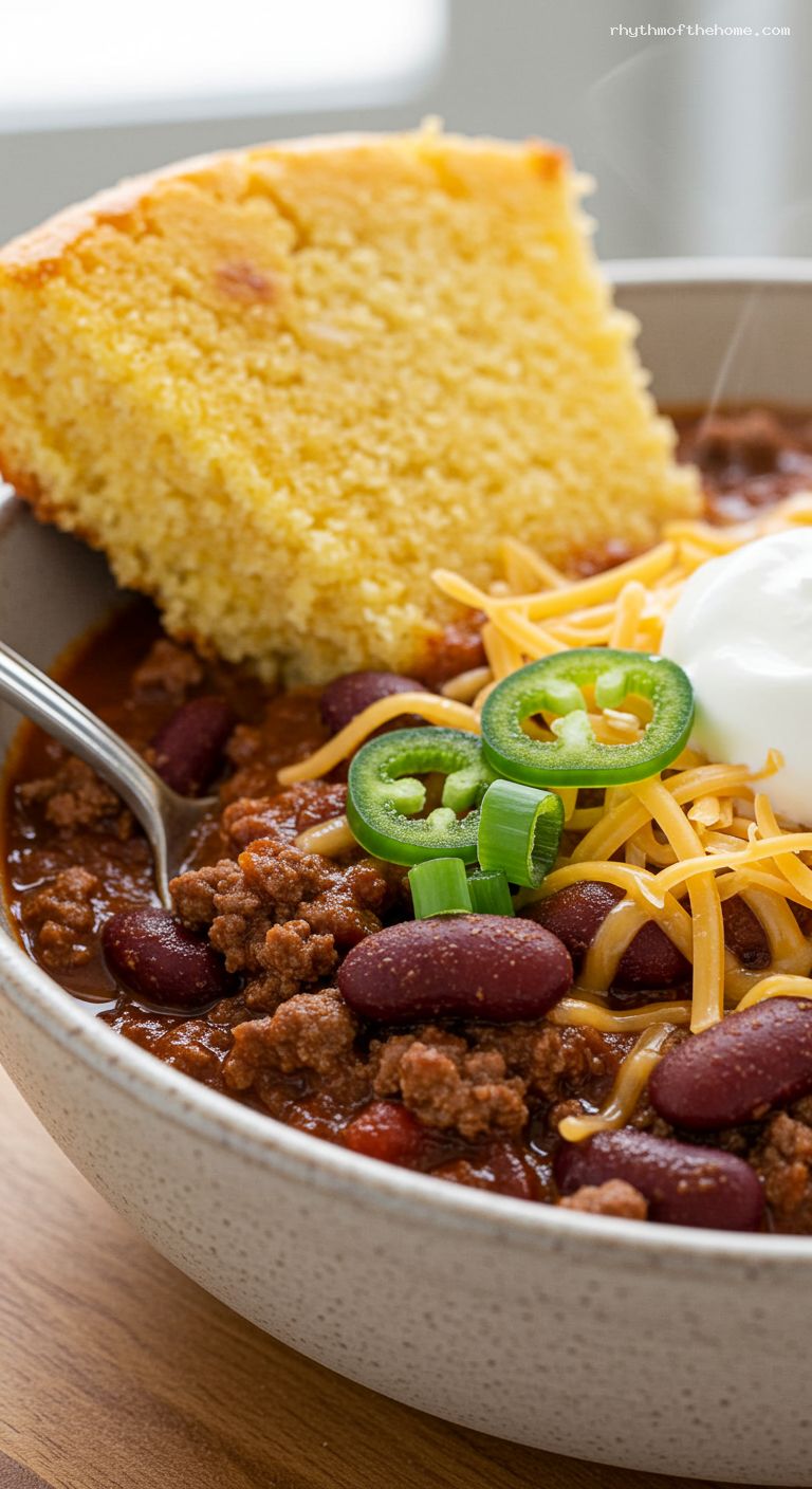 Hearty Chili Con Carne with Cornbread – Closeup