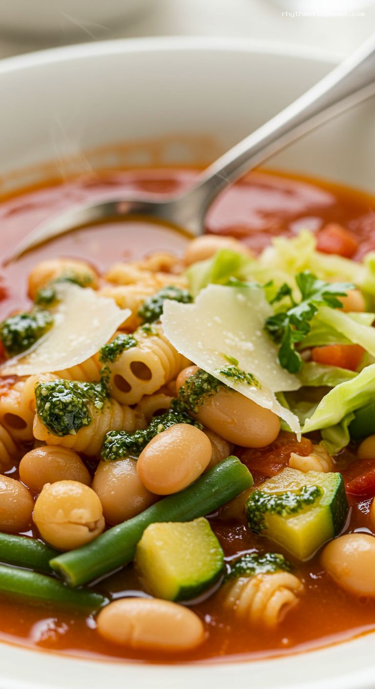 Hearty Minestrone Casalingo with Seasonal Vegetables and Beans – Closeup