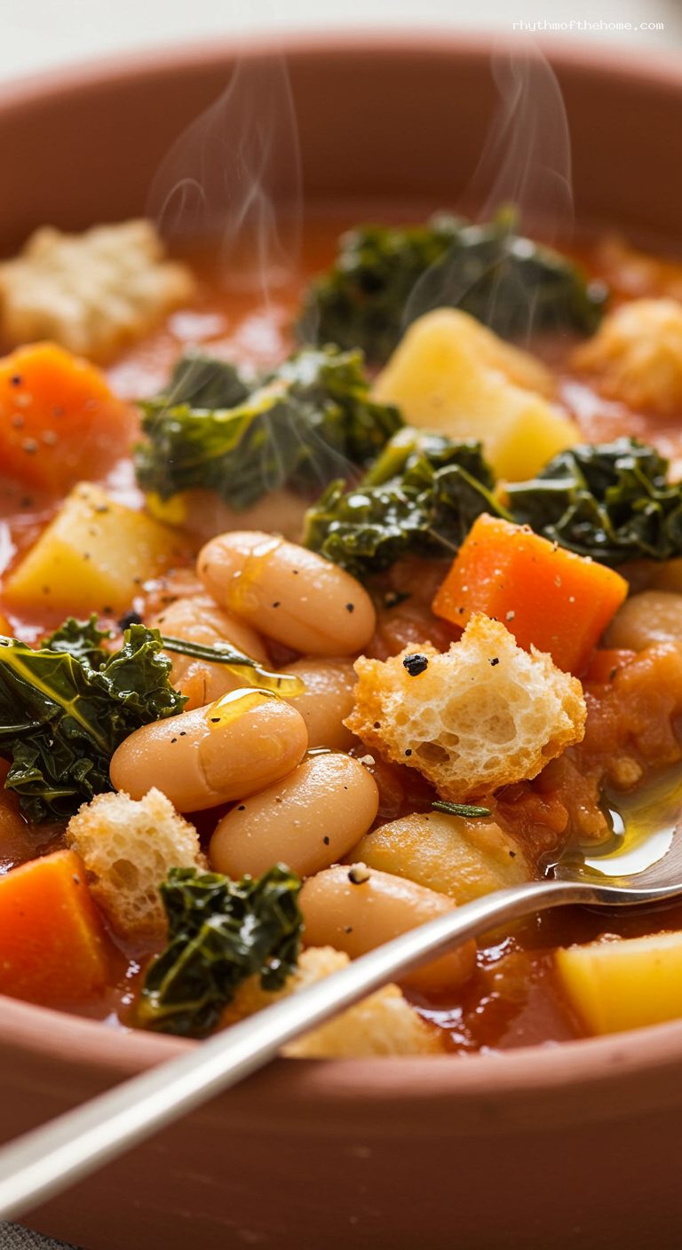 Hearty Tuscan Ribollita with Cannellini Beans and Kale – Closeup