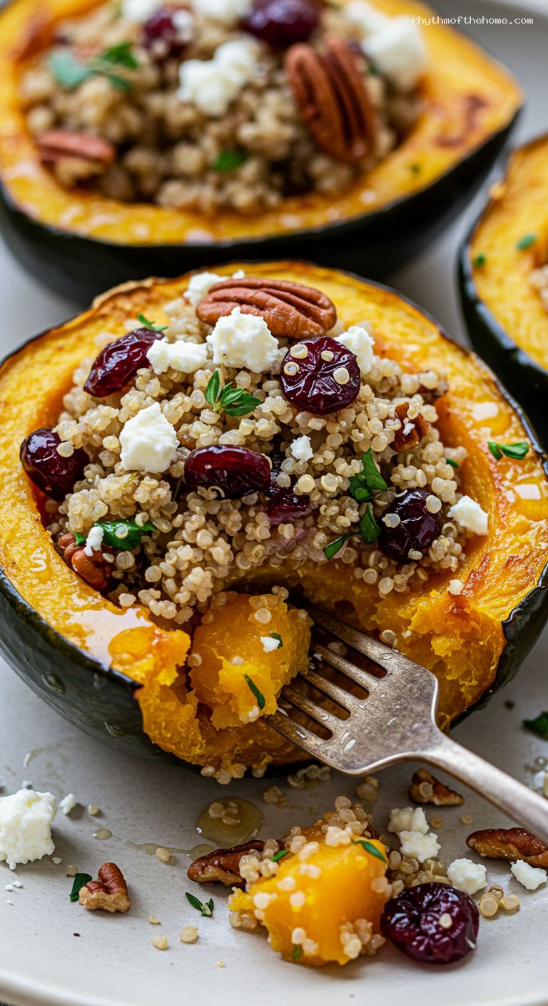 Herbed Quinoa–Stuffed Acorn Squash with Cranberries and Feta – Closeup