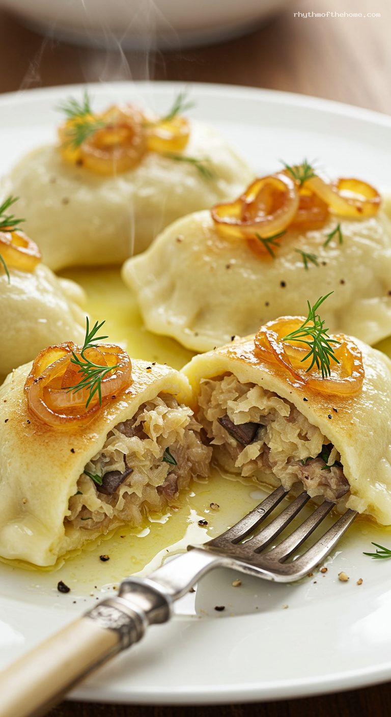 Holiday Dumplings with Sauerkraut, Wild Mushrooms, and Onions – Closeup