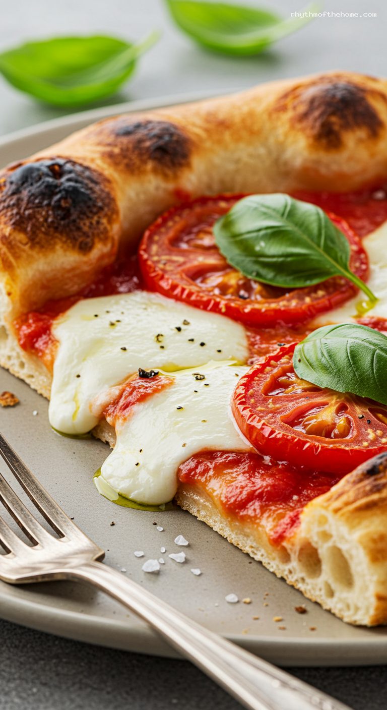 Homemade Margherita Pizza on Stone or Steel – Closeup