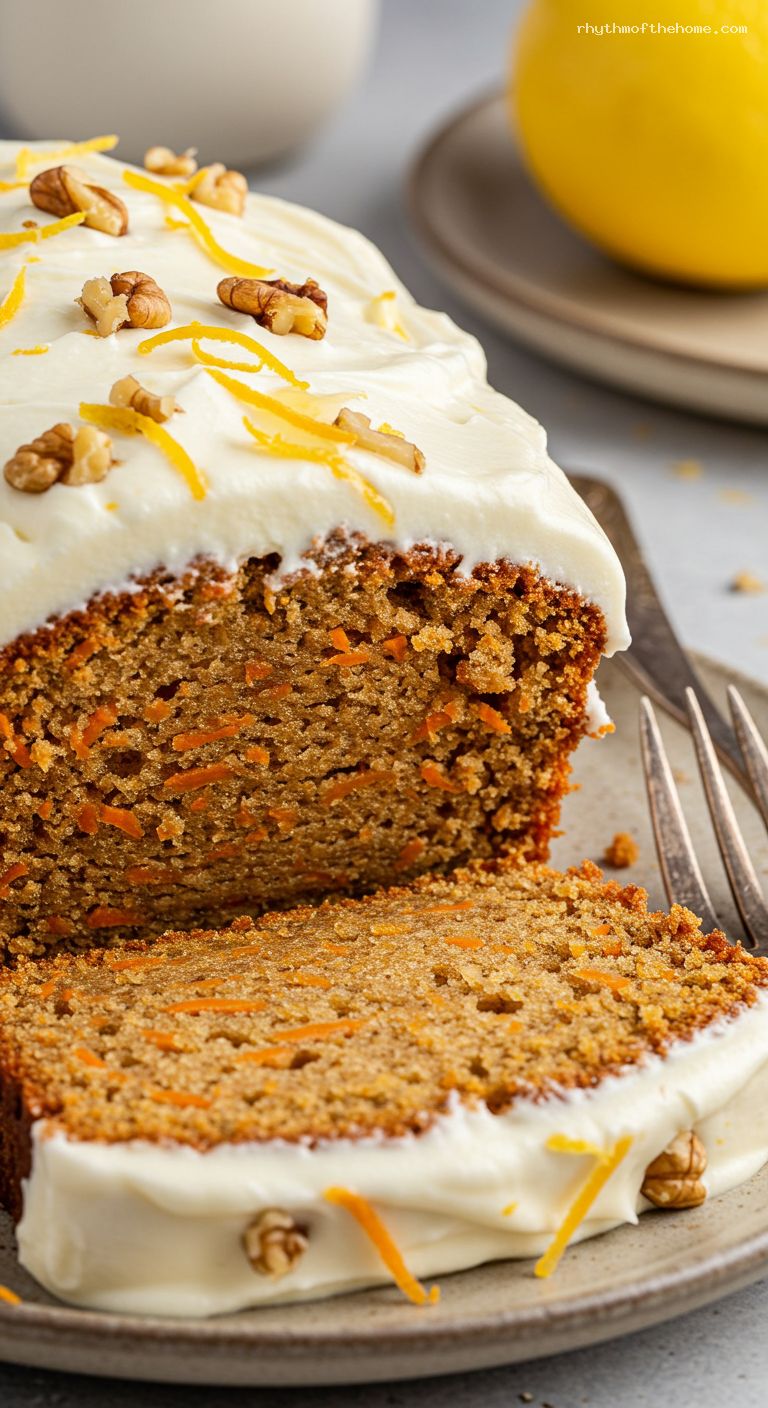 Honey Carrot Loaf Cake with Yogurt Cream Cheese Frosting – Closeup
