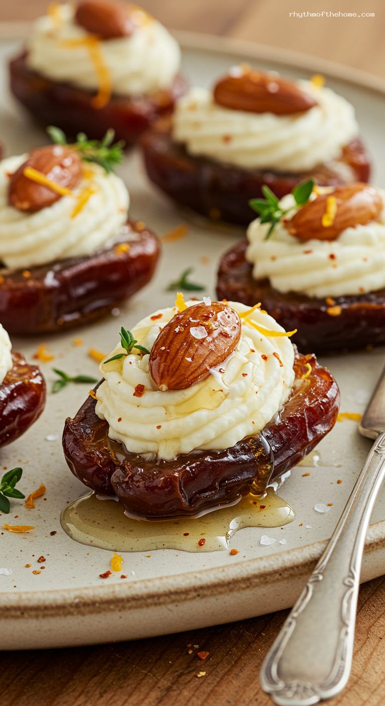 Honey-Drizzled Date, Goat Cheese, and Almond Bites – Closeup