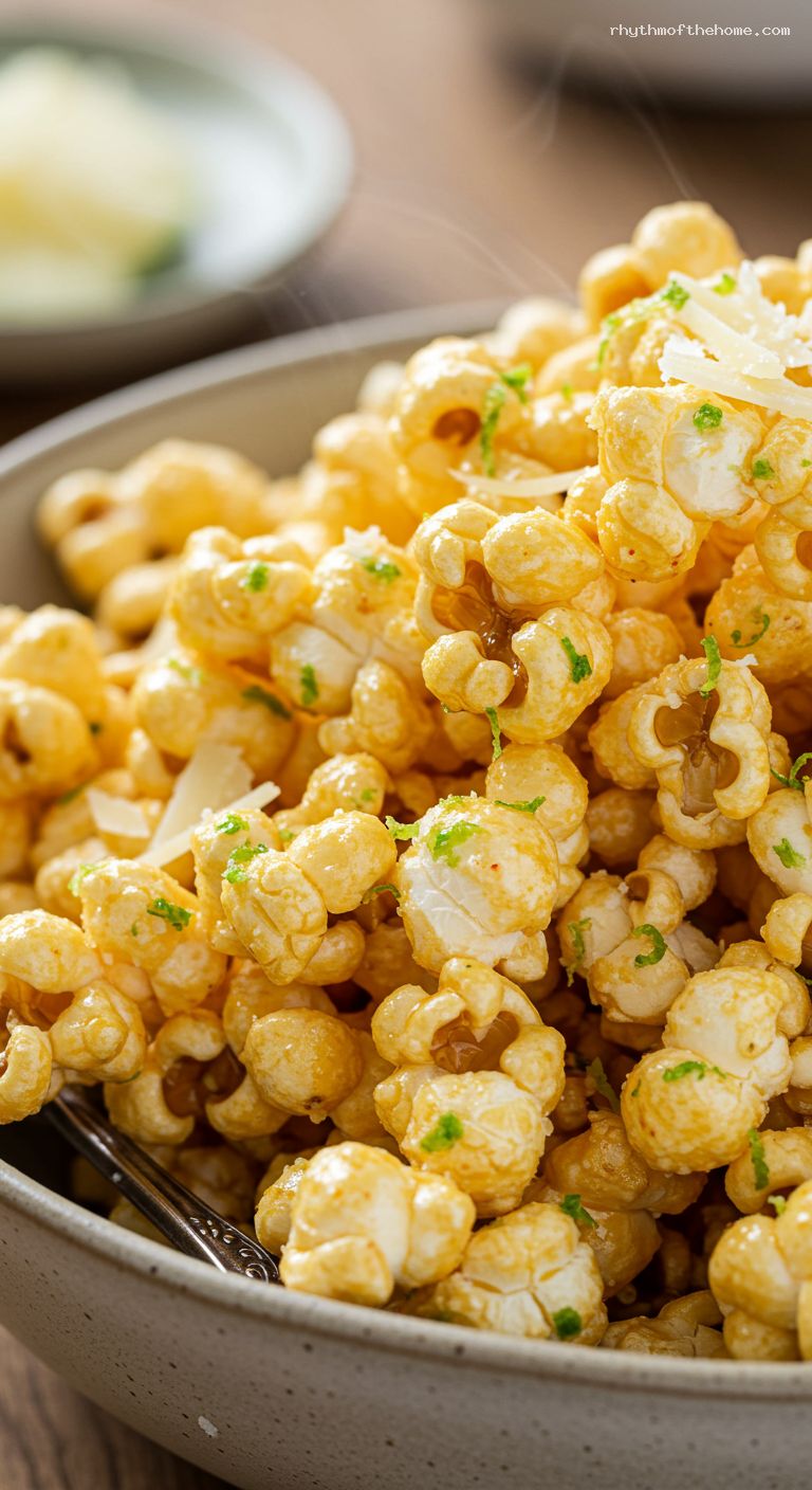 Honey-Lime Parmesan Popcorn with Chili Heat – Closeup