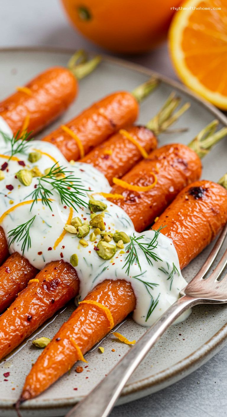 Honey-Paprika Roasted Carrots with Dill Yogurt – Closeup