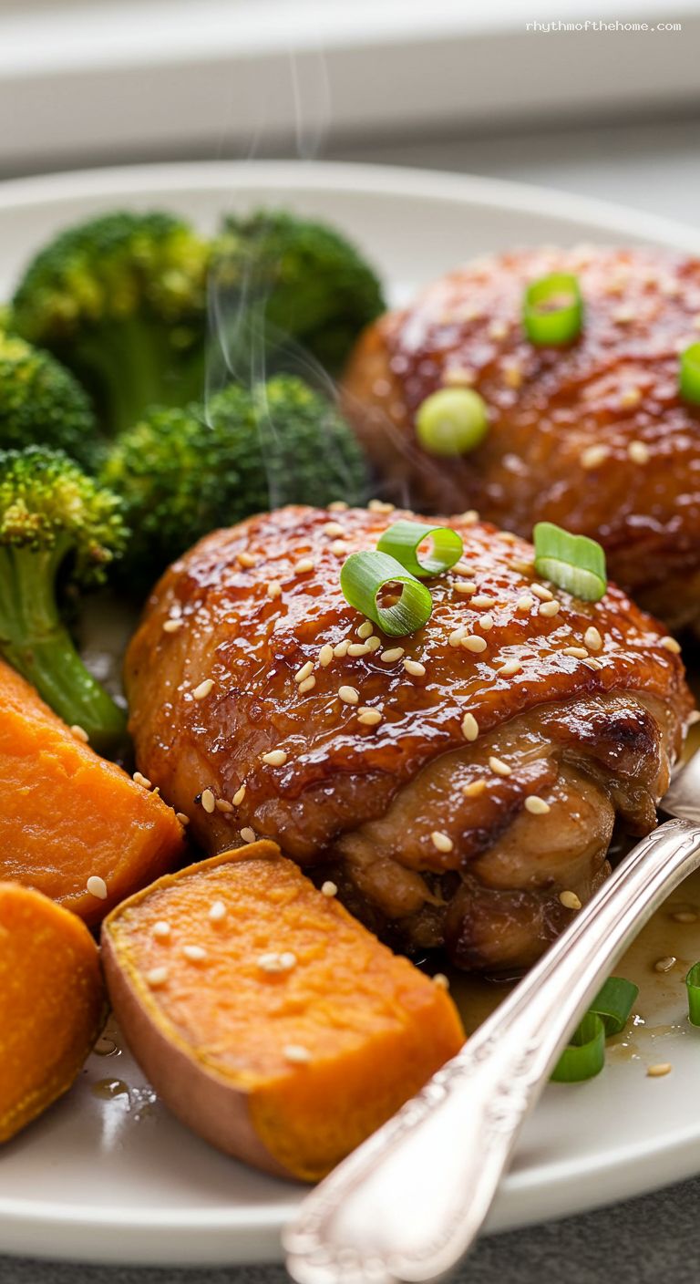 Honey-Soy Baked Chicken Thighs with Roasted Broccoli and Sweet Potatoes – Closeup