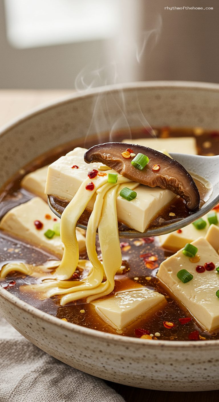 Hot and Sour Soup with Pork, Tofu, and Shiitakes – Closeup