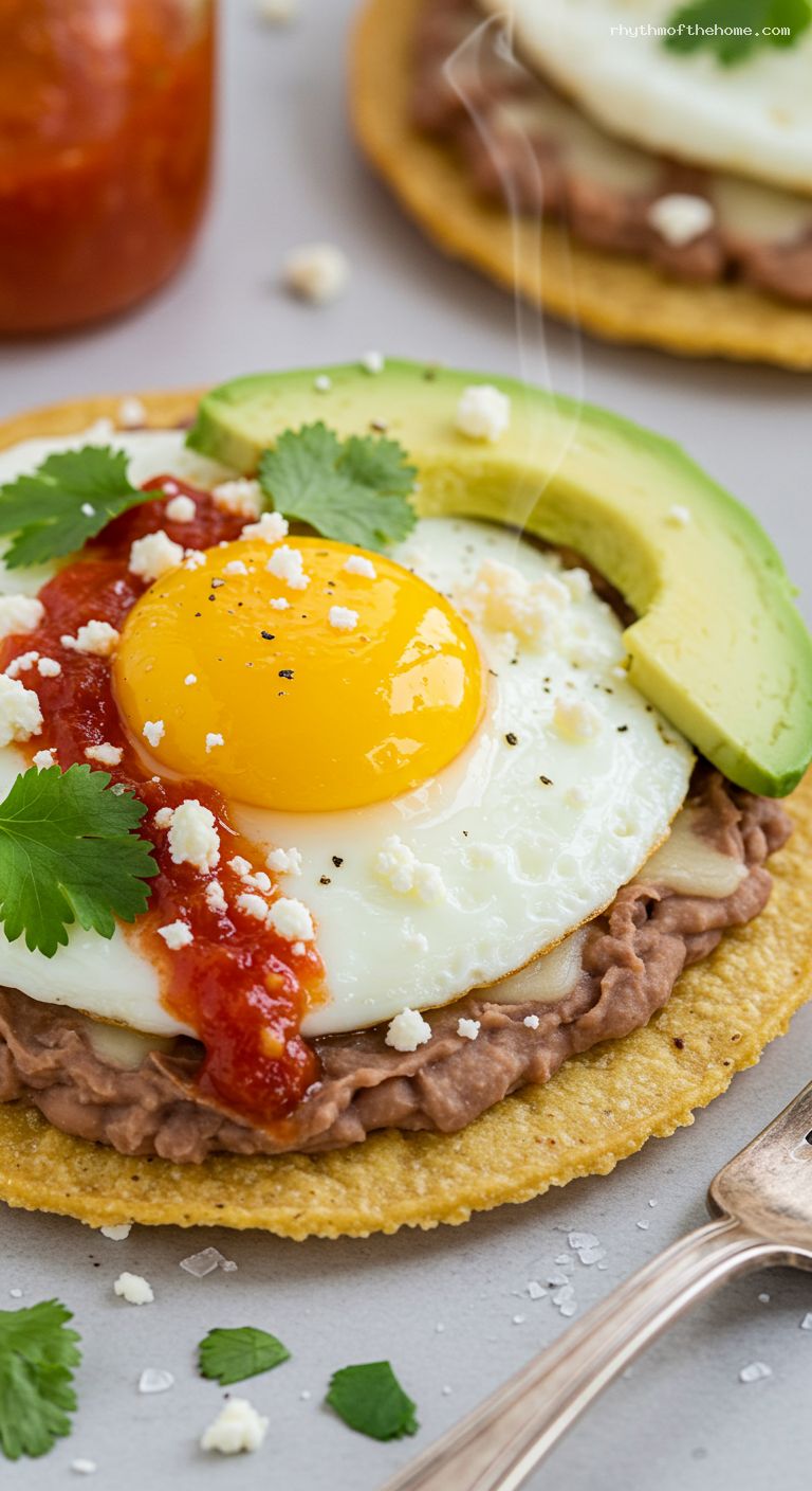 Huevos Rancheros Tostadas with Salsa Roja and Avocado – Closeup