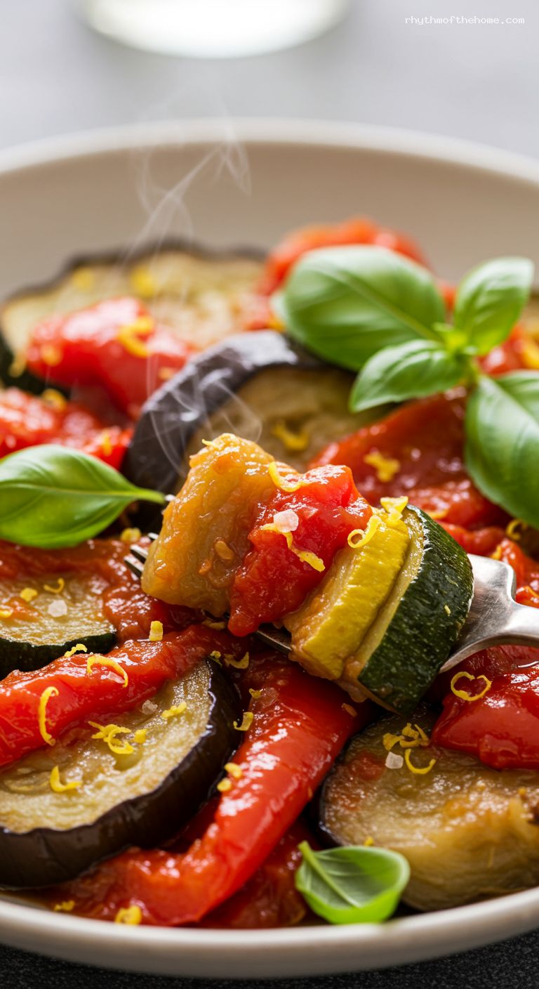 Jammy Provençal Ratatouille with Basil – Closeup
