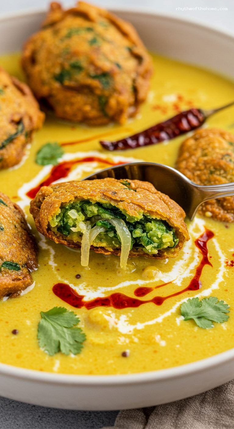 Kadhi Pakora with Spinach Fritters and Chili Tadka – Closeup