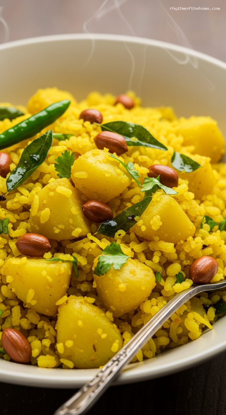 Kanda Batata Poha with Peanuts and Lemon – Closeup