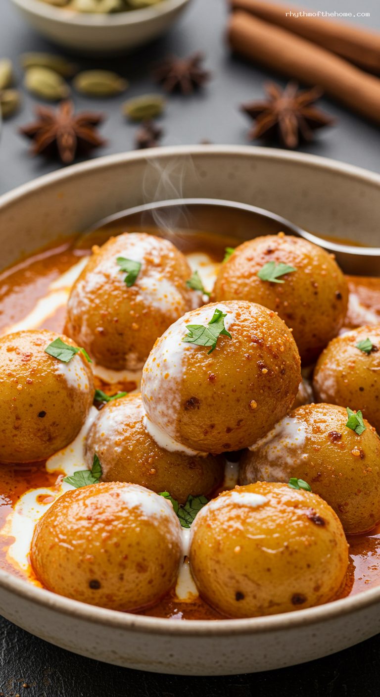 Kashmiri Dum Aloo with Yogurt and Fennel – Closeup