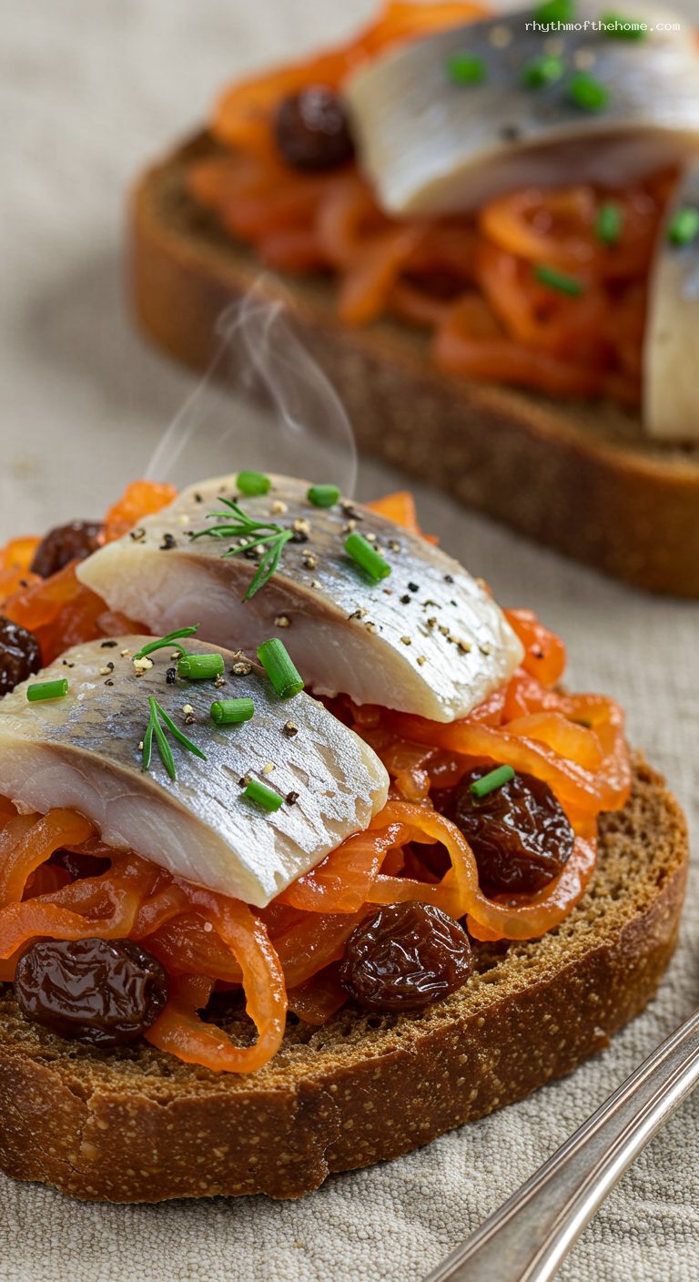Kashubian Herring with Onions and Tomato-Raisin Sauce – Closeup