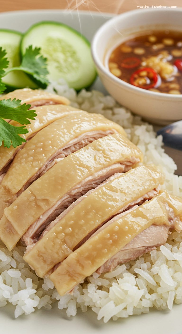Khao Man Gai: Thai Chicken Rice with Ginger Chili Sauce – Closeup
