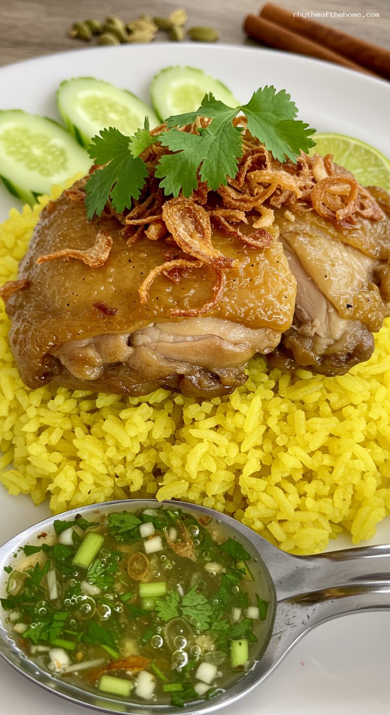 Khao Mok Gai: Thai Chicken Biryani with Herb Sauce – Closeup