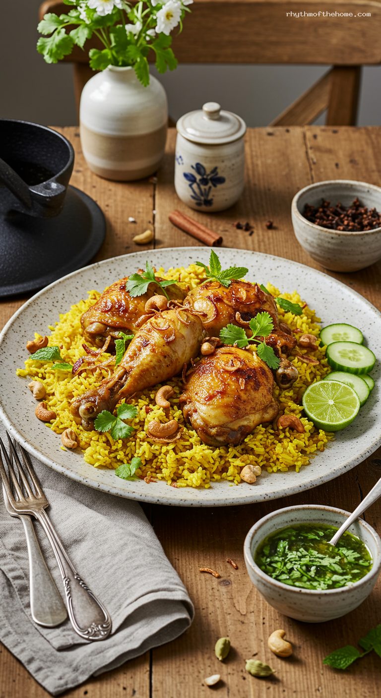 Khao Mok Gai: Thai Chicken Biryani with Herb Sauce