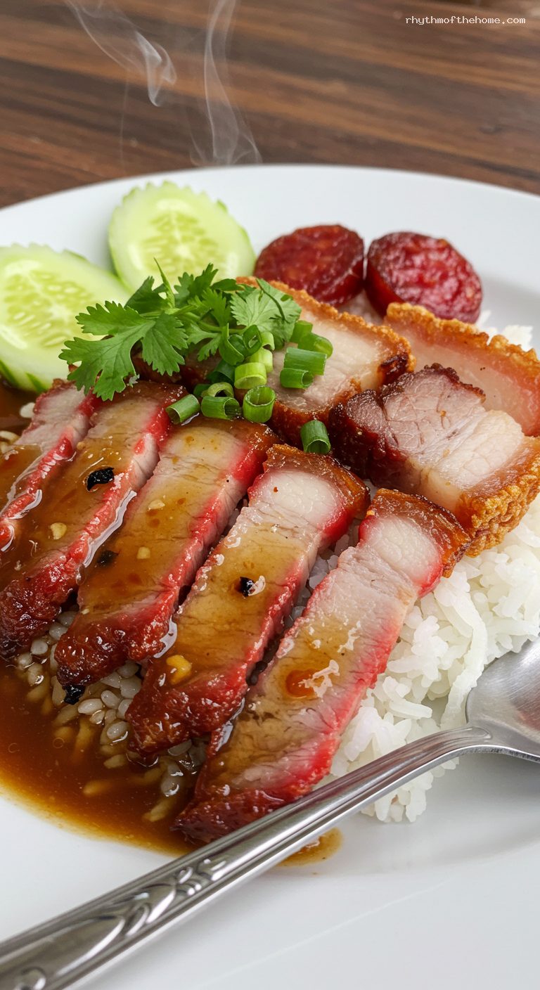 Khao Moo Daeng: Thai BBQ Pork Rice with Gravy – Closeup