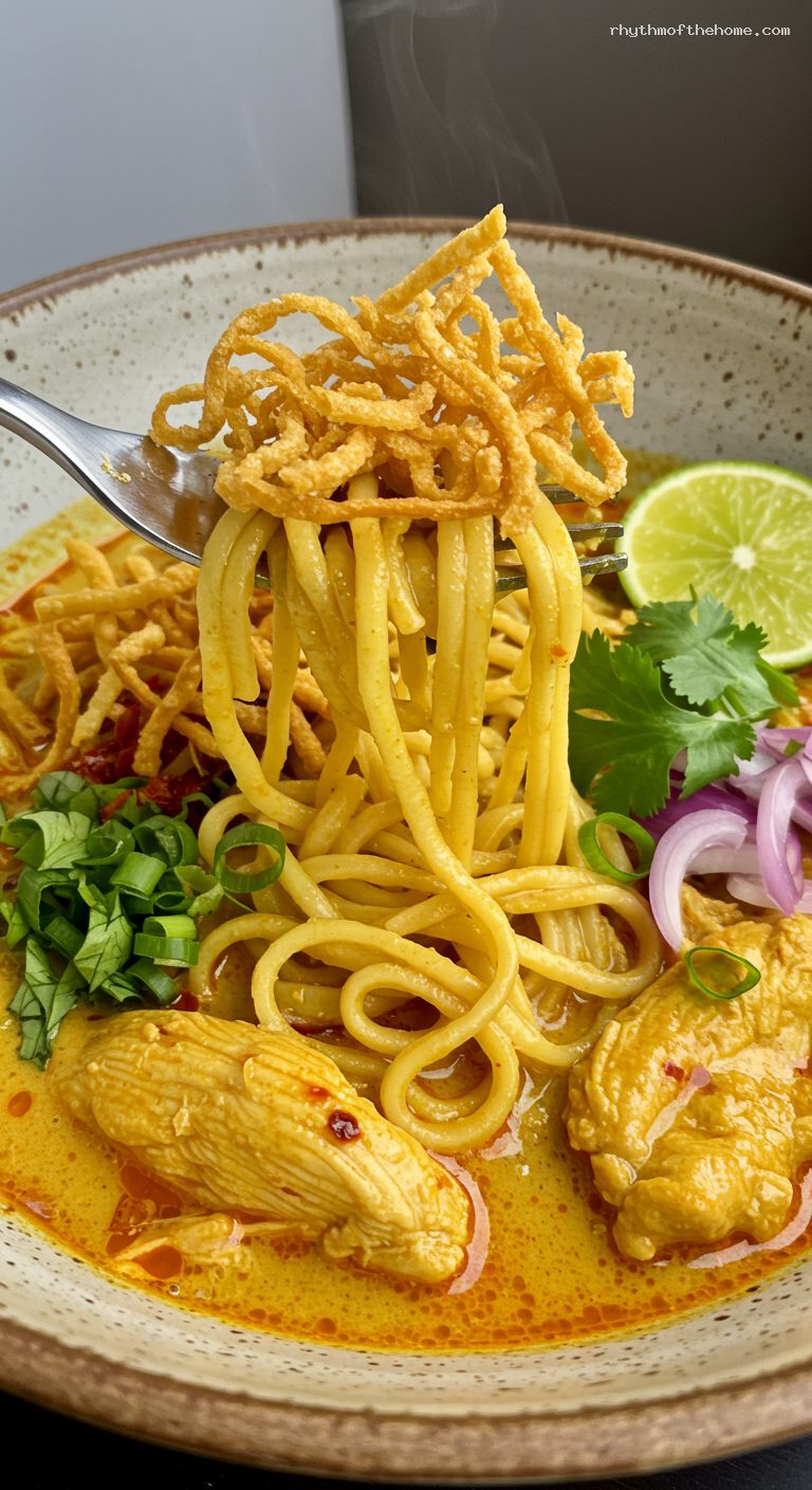 Khao Soi Gai: Northern Thai Coconut Curry Noodles – Closeup