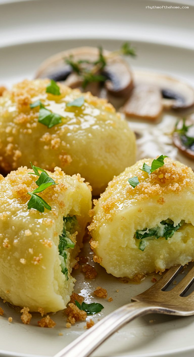 Kopytka: Polish Potato Dumplings with Buttered Breadcrumbs or Creamy Mushroom Sauce – Closeup