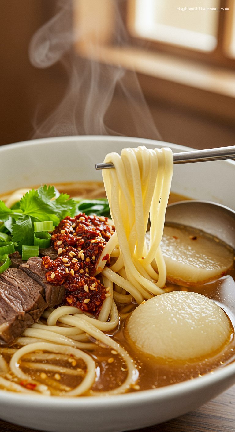 Lanzhou Beef Noodle Soup with Hand-Pulled Noodles – Closeup
