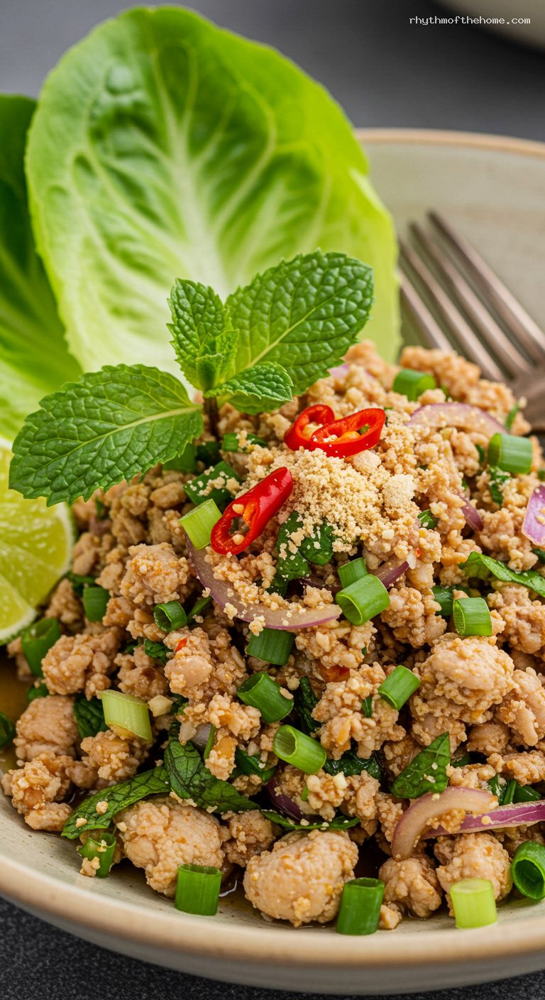 Larb Gai: Thai Minced Chicken Salad with Herbs – Closeup