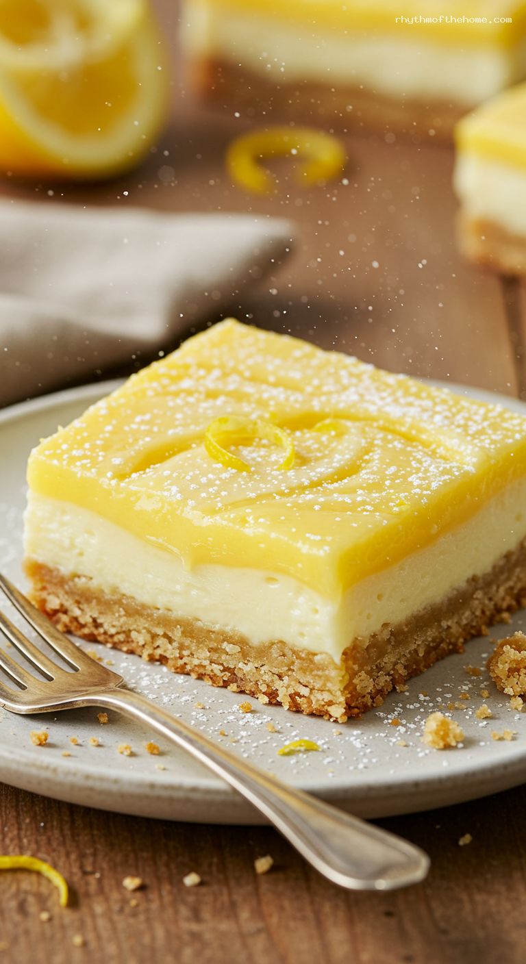 Lemon Buttermilk Pie Bars with Shortbread and Curd Swirl – Closeup