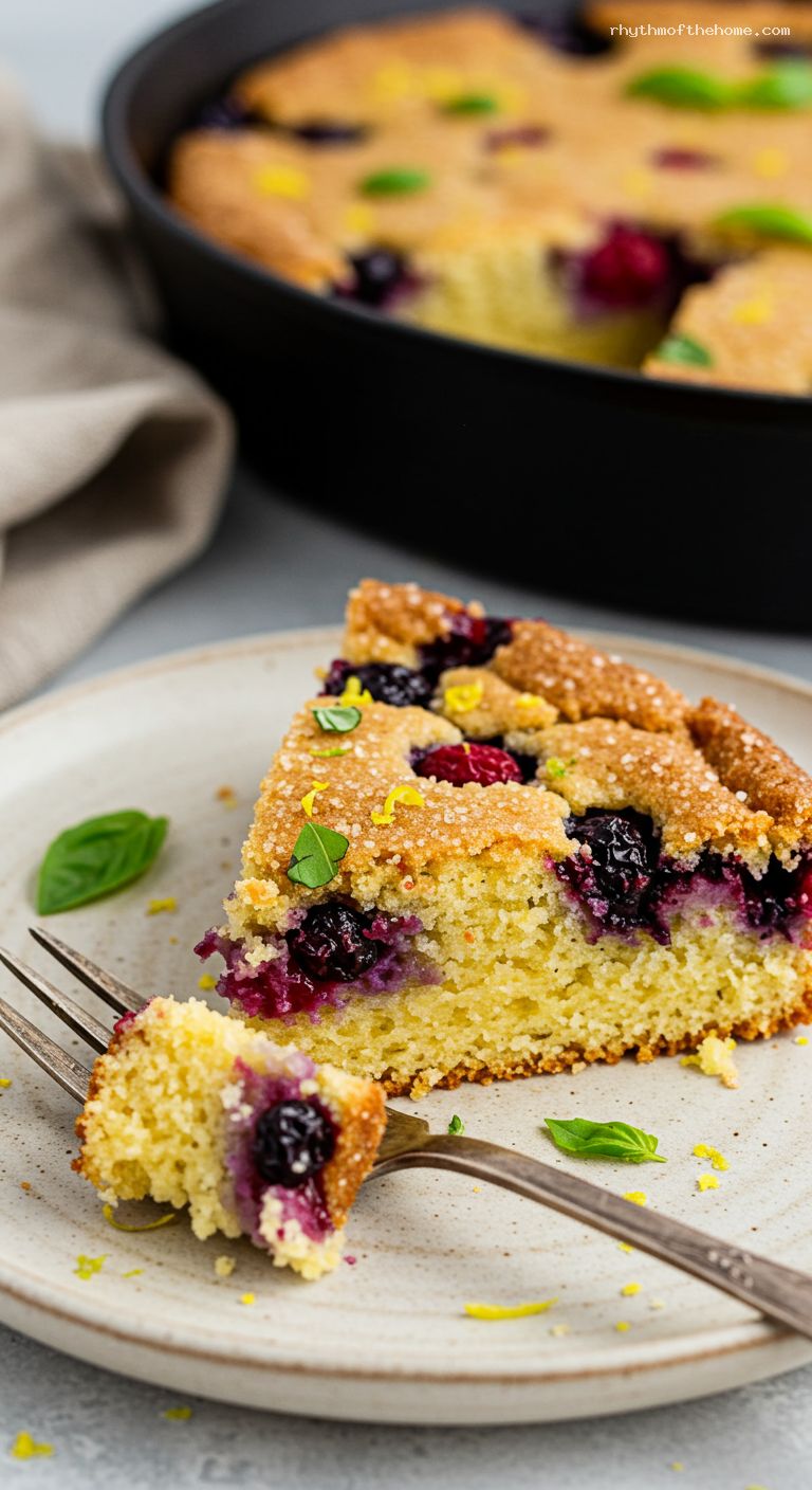 Lemon Cornmeal Berry Buckle with Basil Sugar – Closeup