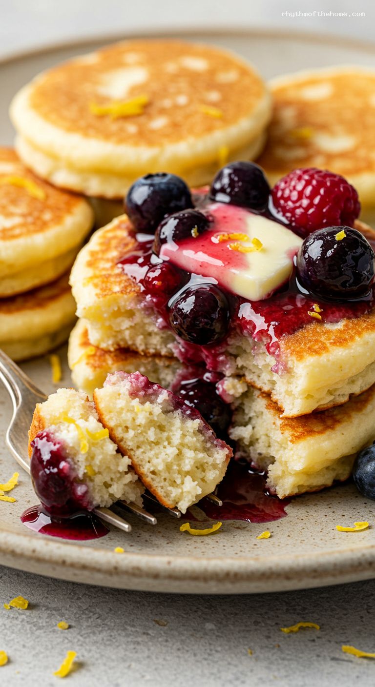 Lemon Cottage Cheese Pancake Bites with Berry Compote – Closeup