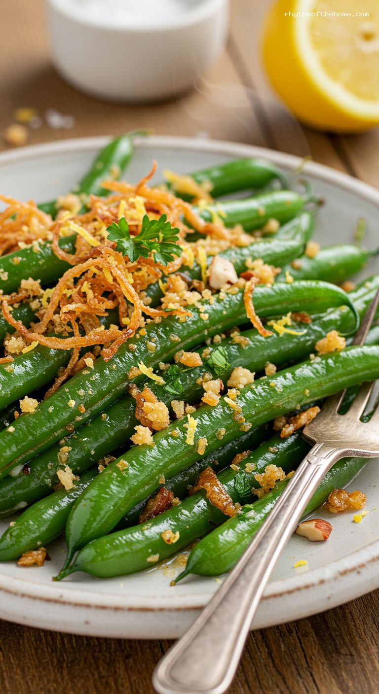 Lemon-Garlic Green Beans with Crispy Shallots and Almond Crumbs – Closeup