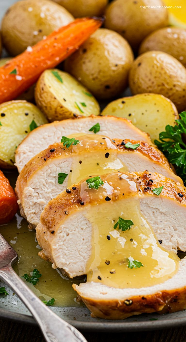 Lemon-Garlic Roast Chicken with Crispy Skin and Pan Gravy – Closeup