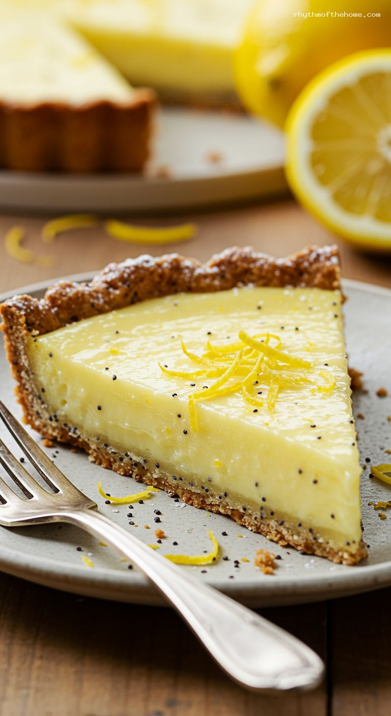 Lemon Posset Tart with Poppy Seed Shortbread Crust – Closeup