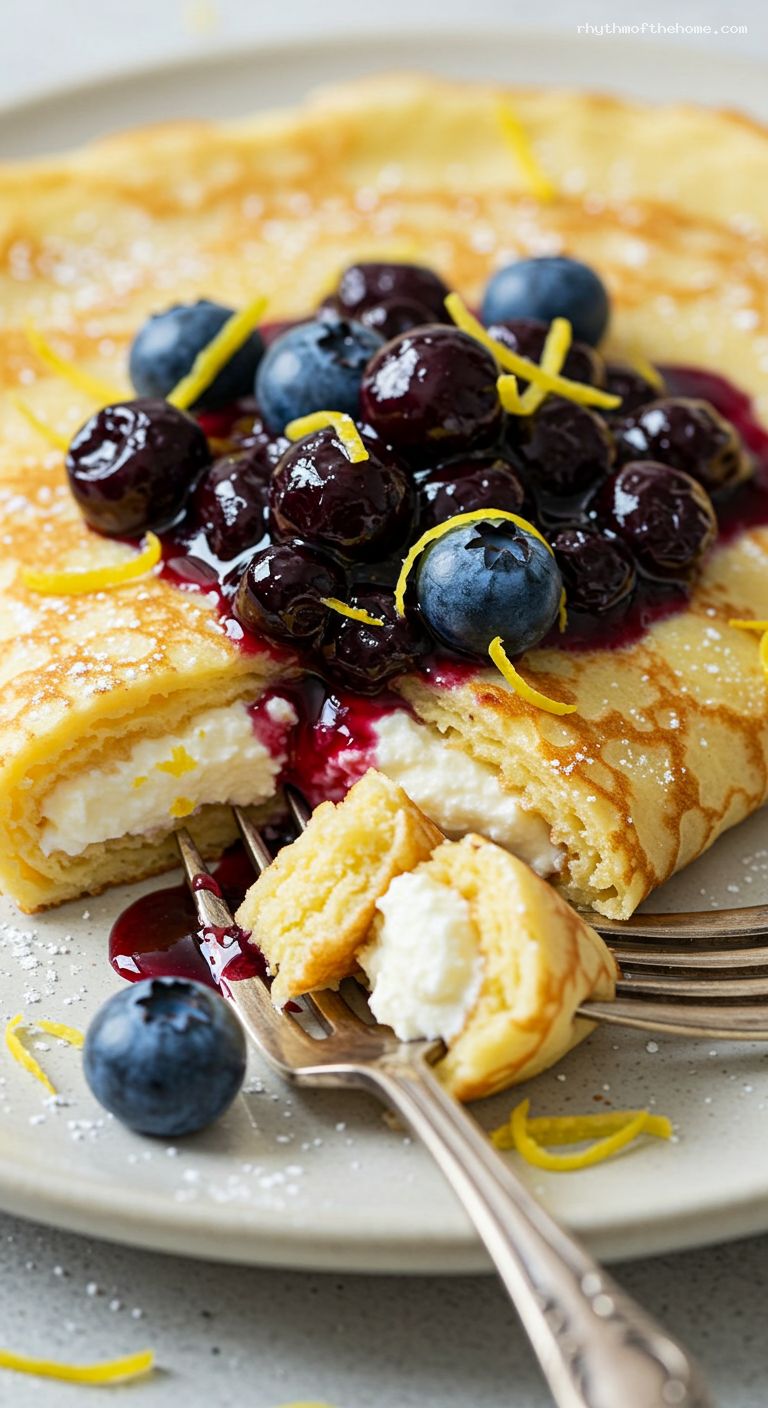 Lemon Ricotta Crêpes with Warm Blueberry Compote – Closeup