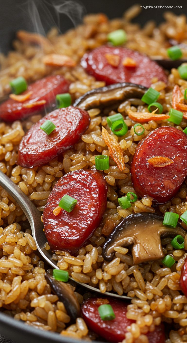 Lo Mai Fan (Sticky Rice with Chinese Sausage) – Closeup