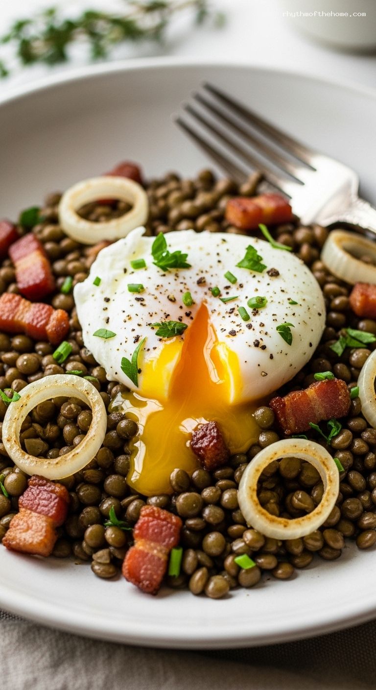 Lyonnaise Lentils with Lardons and Poached Egg – Closeup