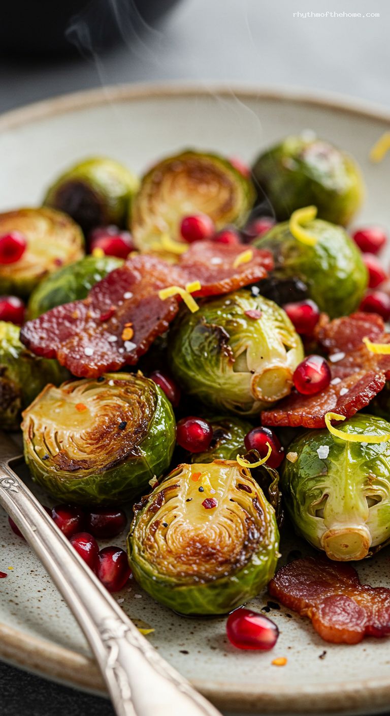 Maple-Miso Brussels Sprouts with Smoky Bacon and Pomegranate – Closeup