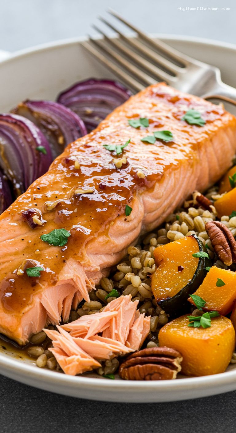 Maple-Miso Sheet-Pan Salmon with Acorn Squash – Closeup
