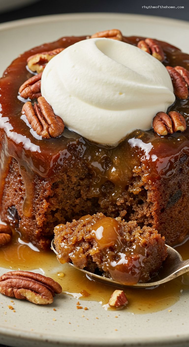Maple Pecan Sticky Toffee Pudding with Cream – Closeup
